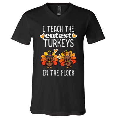 Teach Cutest Turkeys Flock Thanksgiving Teacher Fall V-Neck T-Shirt