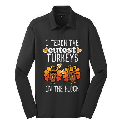 Teach Cutest Turkeys Flock Thanksgiving Teacher Fall Silk Touch Performance Long Sleeve Polo