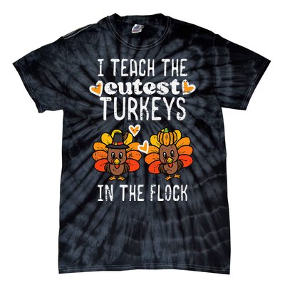 Teach Cutest Turkeys Flock Thanksgiving Teacher Fall Tie-Dye T-Shirt