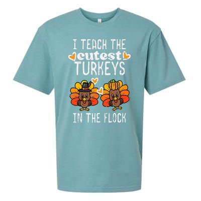 Teach Cutest Turkeys Flock Thanksgiving Teacher Fall Sueded Cloud Jersey T-Shirt