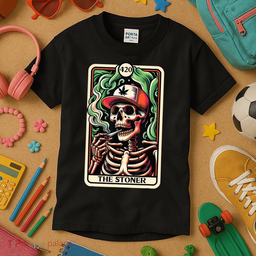 Tarot Card The Stoner Weed Lover Skeleton Cannabis 420 Kids T-Shirt