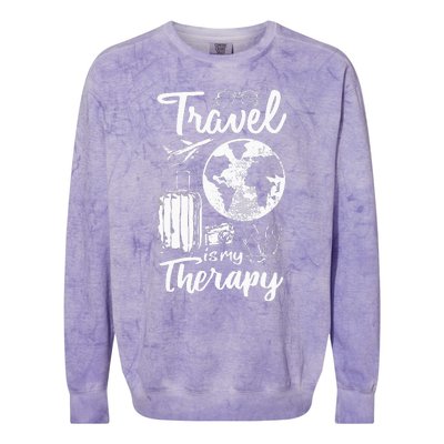 Traveling Camping Trip World Traveler Travel Is My Therapy Colorblast Crewneck Sweatshirt