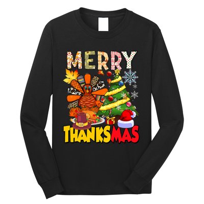 Thanksgiving Christmas Turkey Pine Tree Merry Thanksmas Xmas Long Sleeve Shirt