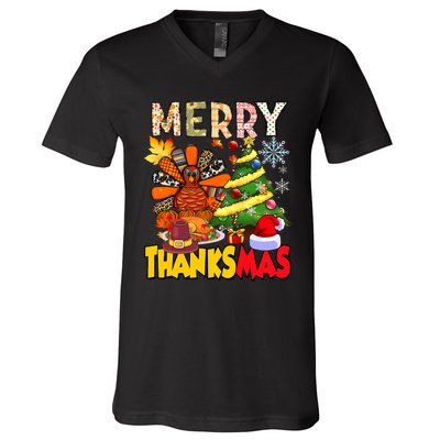 Thanksgiving Christmas Turkey Pine Tree Merry Thanksmas Xmas V-Neck T-Shirt