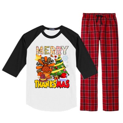 Thanksgiving Christmas Turkey Pine Tree Merry Thanksmas Xmas Raglan Sleeve Pajama Set