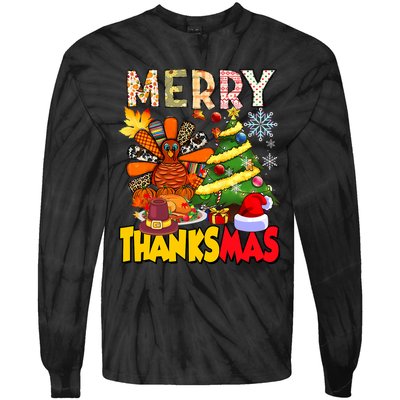 Thanksgiving Christmas Turkey Pine Tree Merry Thanksmas Xmas Tie-Dye Long Sleeve Shirt