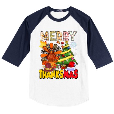 Thanksgiving Christmas Turkey Pine Tree Merry Thanksmas Xmas Baseball Sleeve Shirt