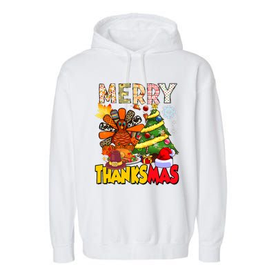 Thanksgiving Christmas Turkey Pine Tree Merry Thanksmas Xmas Garment-Dyed Fleece Hoodie