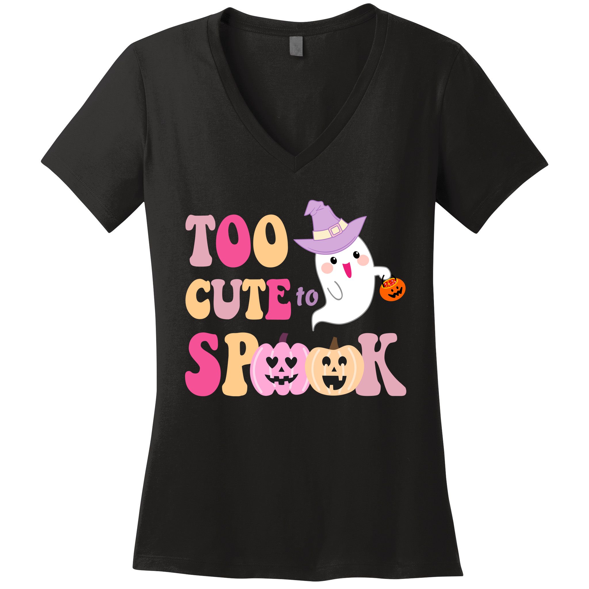 Too Cute To Spook Halloween Groovy Ghost Women's V-Neck T-Shirt