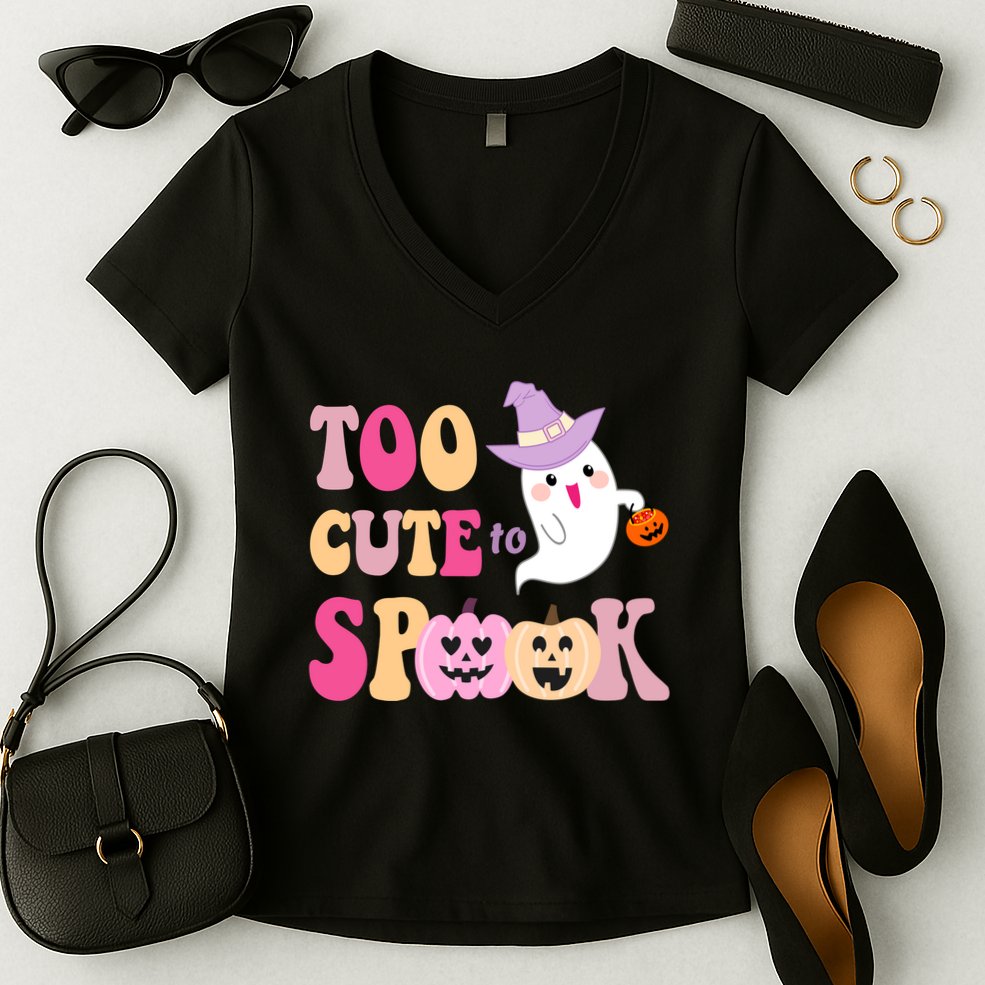 Too Cute To Spook Halloween Groovy Ghost Women's V-Neck T-Shirt