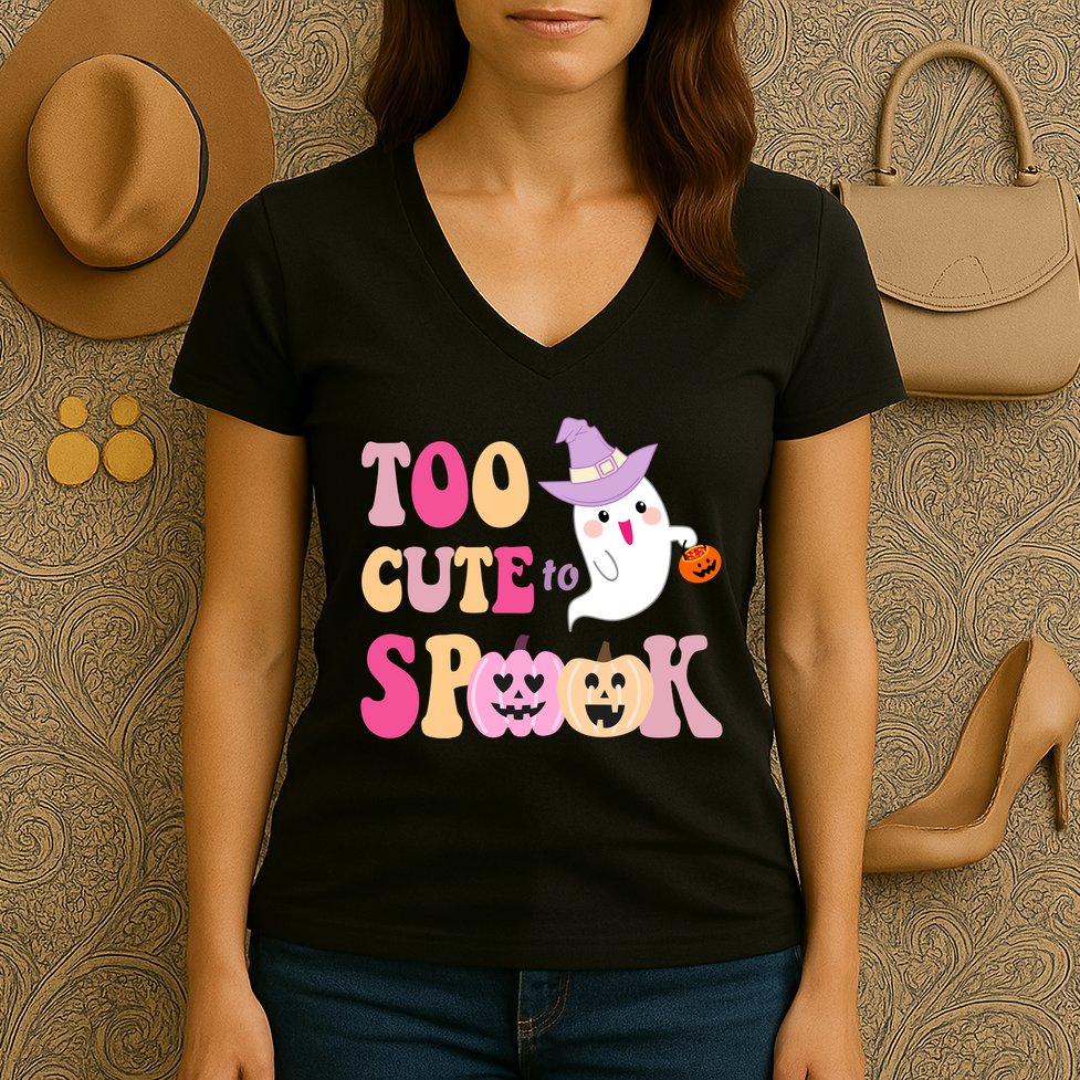 Too Cute To Spook Halloween Groovy Ghost Women's V-Neck T-Shirt