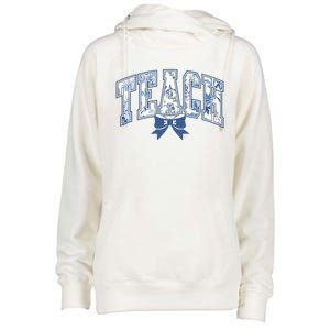 Teacher Coquette Toile Blue Bow Floral Womens Funnel Neck Pullover Hood