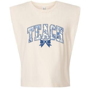 Teacher Coquette Toile Blue Bow Floral Garment-Dyed Women's Muscle Tee