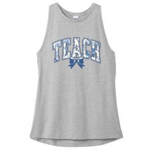 Teacher Coquette Toile Blue Bow Floral Ladies PosiCharge Tri-Blend Wicking Tank