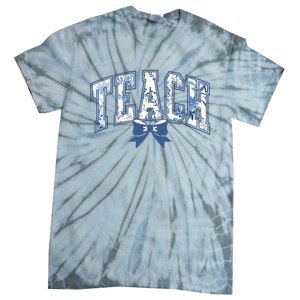 Teacher Coquette Toile Blue Bow Floral Tie-Dye T-Shirt