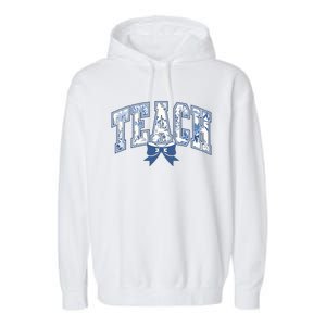 Teacher Coquette Toile Blue Bow Floral Garment-Dyed Fleece Hoodie