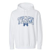 Teacher Coquette Toile Blue Bow Floral Garment-Dyed Fleece Hoodie