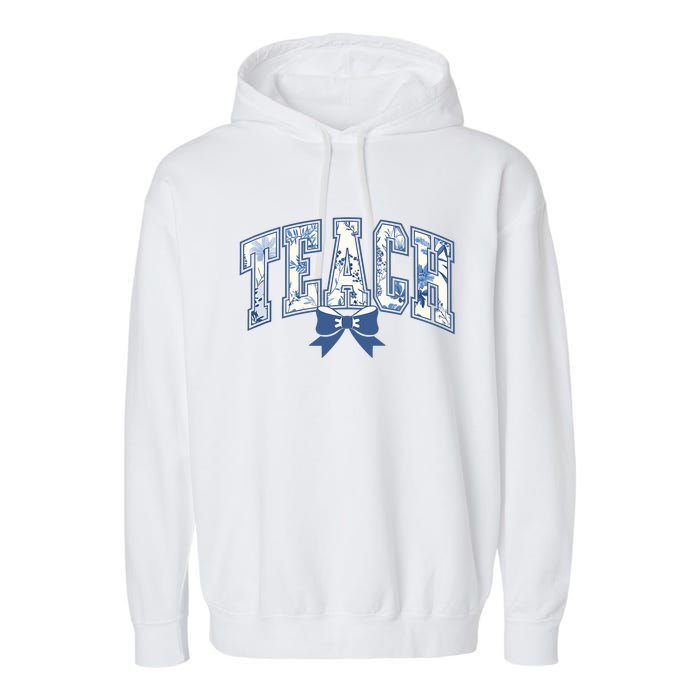 Teacher Coquette Toile Blue Bow Floral Garment-Dyed Fleece Hoodie