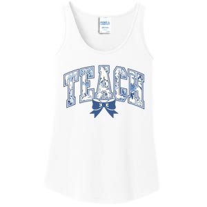 Teacher Coquette Toile Blue Bow Floral Ladies Essential Tank