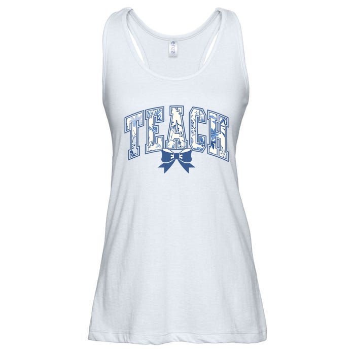 Teacher Coquette Toile Blue Bow Floral Ladies Essential Flowy Tank