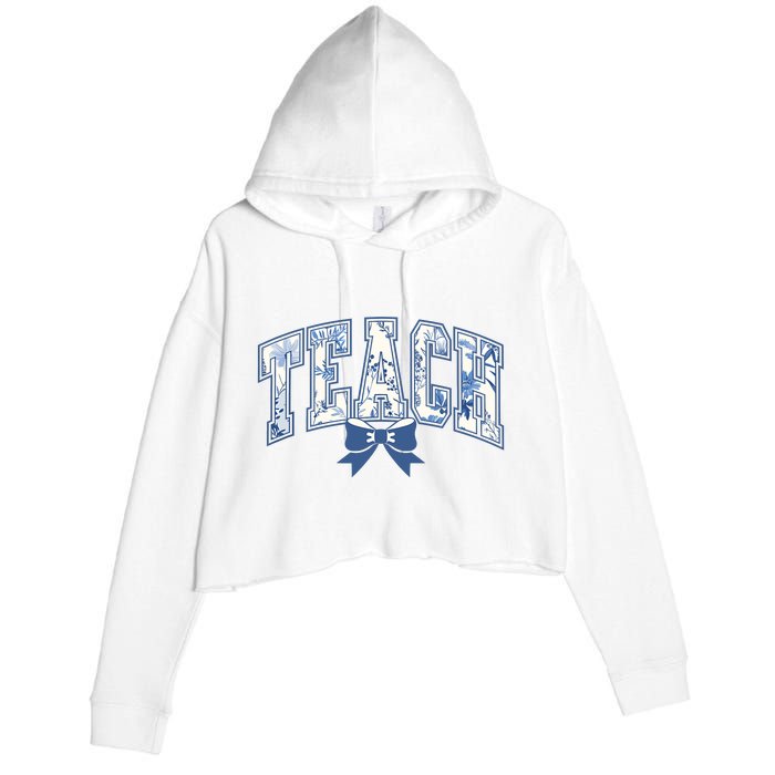 Teacher Coquette Toile Blue Bow Floral Crop Fleece Hoodie