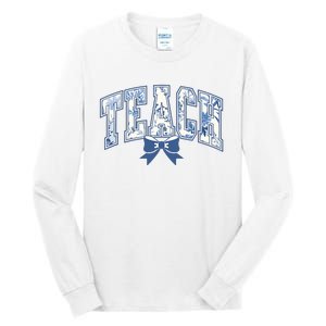 Teacher Coquette Toile Blue Bow Floral Tall Long Sleeve T-Shirt