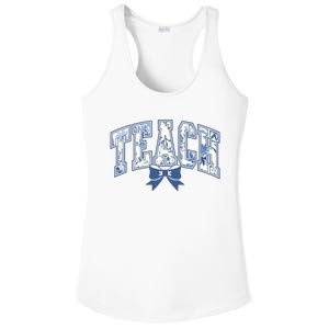 Teacher Coquette Toile Blue Bow Floral Ladies PosiCharge Competitor Racerback Tank