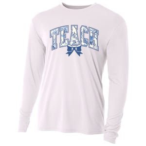 Teacher Coquette Toile Blue Bow Floral Cooling Performance Long Sleeve Crew