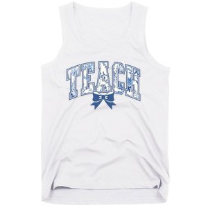 Teacher Coquette Toile Blue Bow Floral Tank Top