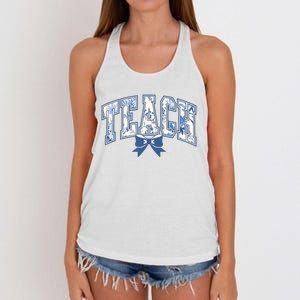 Teacher Coquette Toile Blue Bow Floral Women's Knotted Racerback Tank