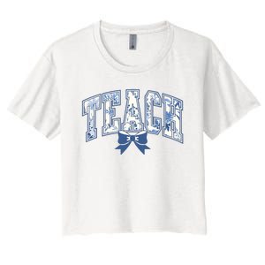 Teacher Coquette Toile Blue Bow Floral Women's Crop Top Tee