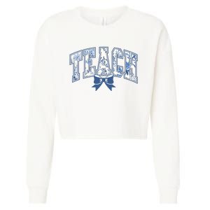 Teacher Coquette Toile Blue Bow Floral Cropped Pullover Crew