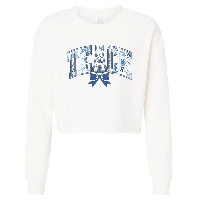 Teacher Coquette Toile Blue Bow Floral Cropped Pullover Crew