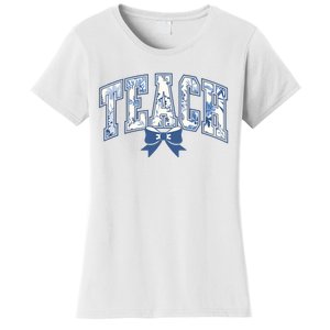 Teacher Coquette Toile Blue Bow Floral Women's T-Shirt