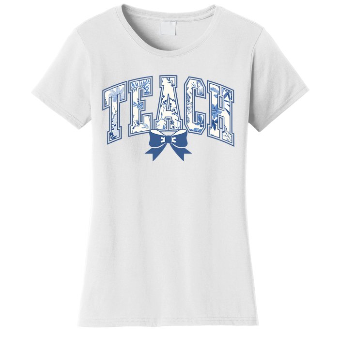 Teacher Coquette Toile Blue Bow Floral Women's T-Shirt