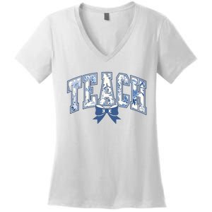 Teacher Coquette Toile Blue Bow Floral Women's V-Neck T-Shirt