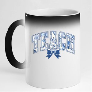 Teacher Coquette Toile Blue Bow Floral 11oz Black Color Changing Mug