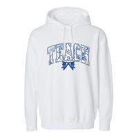 Teacher Coquette Toile Blue Bow Floral Garment-Dyed Fleece Hoodie