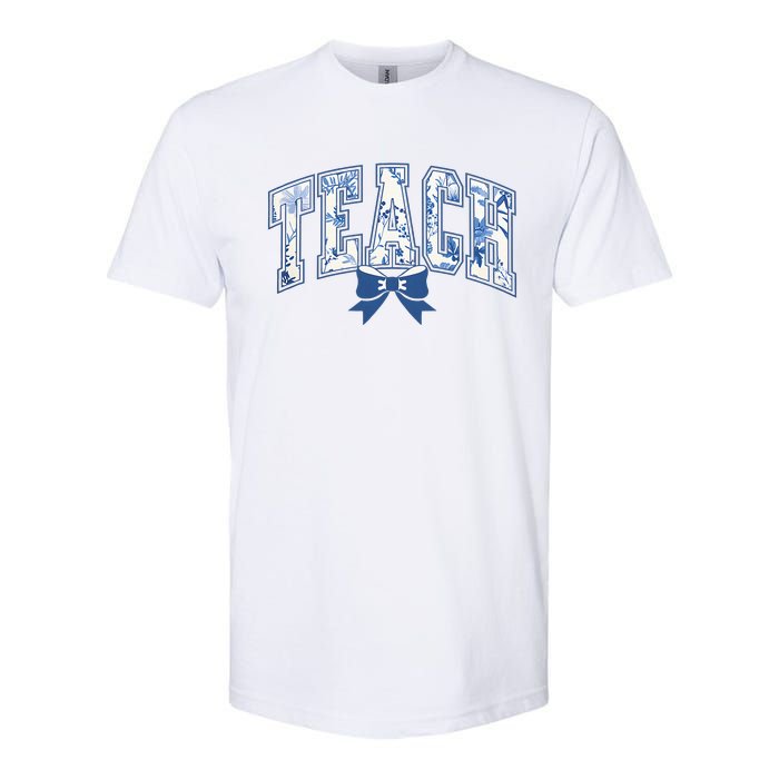 Teacher Coquette Toile Blue Bow Floral Softstyle CVC T-Shirt