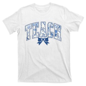 Teacher Coquette Toile Blue Bow Floral T-Shirt