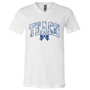 Teacher Coquette Toile Blue Bow Floral V-Neck T-Shirt