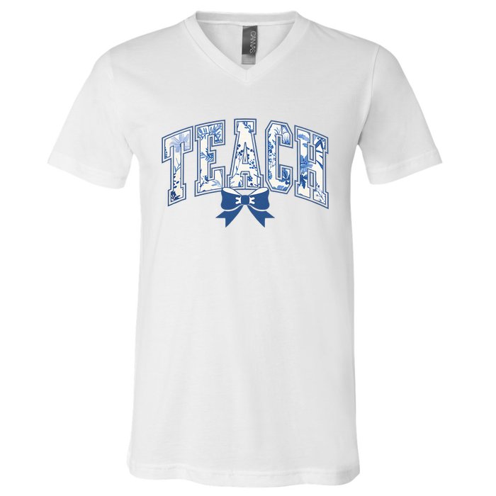 Teacher Coquette Toile Blue Bow Floral V-Neck T-Shirt