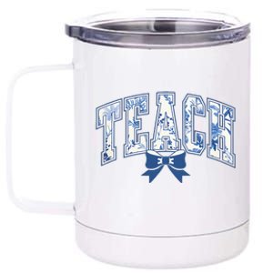 Teacher Coquette Toile Blue Bow Floral 12 oz Stainless Steel Tumbler Cup