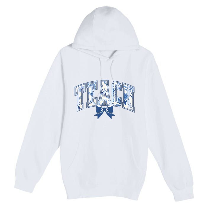 Teacher Coquette Toile Blue Bow Floral Premium Pullover Hoodie