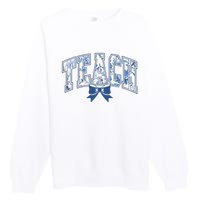 Teacher Coquette Toile Blue Bow Floral Premium Crewneck Sweatshirt