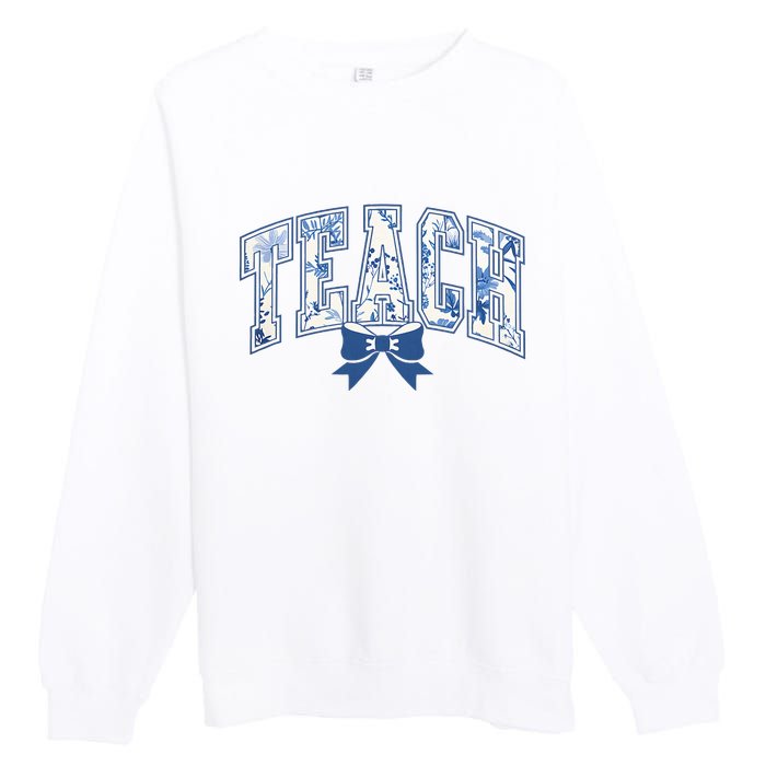 Teacher Coquette Toile Blue Bow Floral Premium Crewneck Sweatshirt