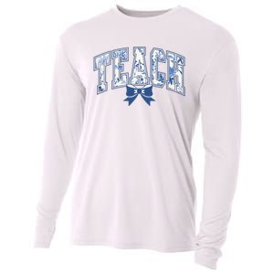 Teacher Coquette Toile Blue Bow Floral Cooling Performance Long Sleeve Crew