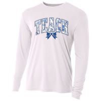 Teacher Coquette Toile Blue Bow Floral Cooling Performance Long Sleeve Crew