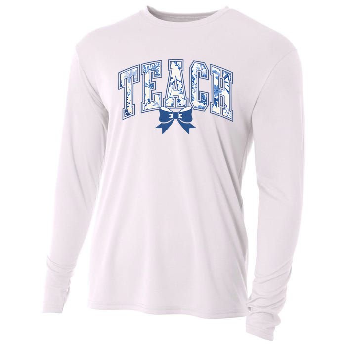 Teacher Coquette Toile Blue Bow Floral Cooling Performance Long Sleeve Crew