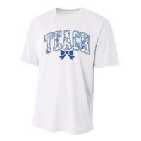 Teacher Coquette Toile Blue Bow Floral Performance Sprint T-Shirt